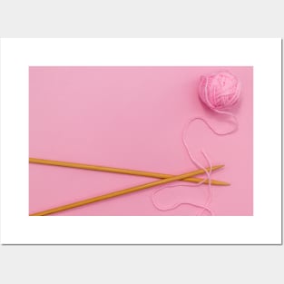 Pink knitting wool and bamboo knitting needles Posters and Art